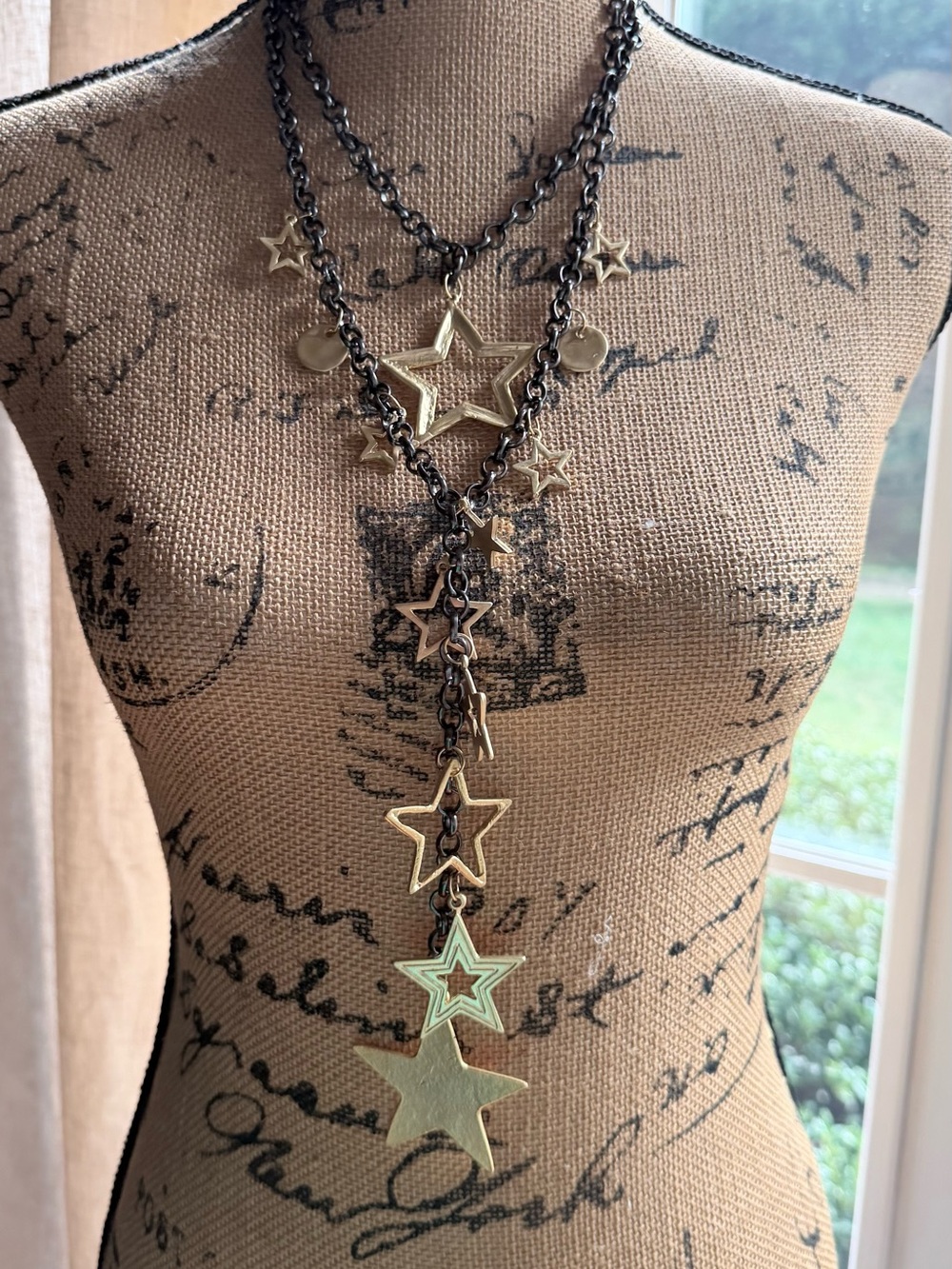 Vintage Boho Gold Star Charm Lariat Necklace | Gunmetal Layered Statement Choker